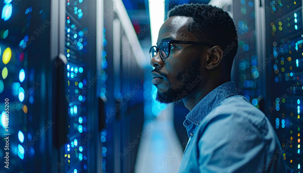 Aufkleber data center analyst at work: an focused data analyst works attentively amidst the blinking lights an