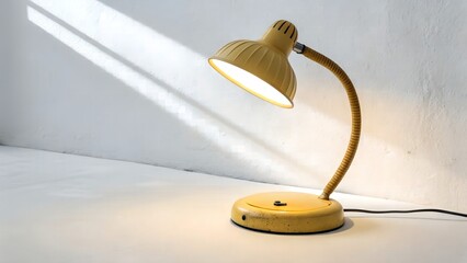 Illuminated yellow desk lamp with flexible neck on a white surface casting a light beam on the wall