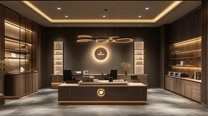 Modern Reception Area with Wooden Decor and Ambient Lighting Design
