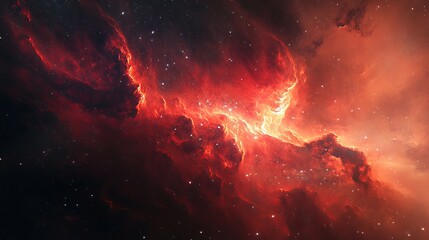 A deep-space scene with a massive glowing red nebula 
