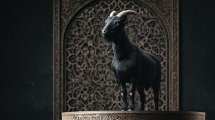 Dark goat positioned on a carved pedestal.