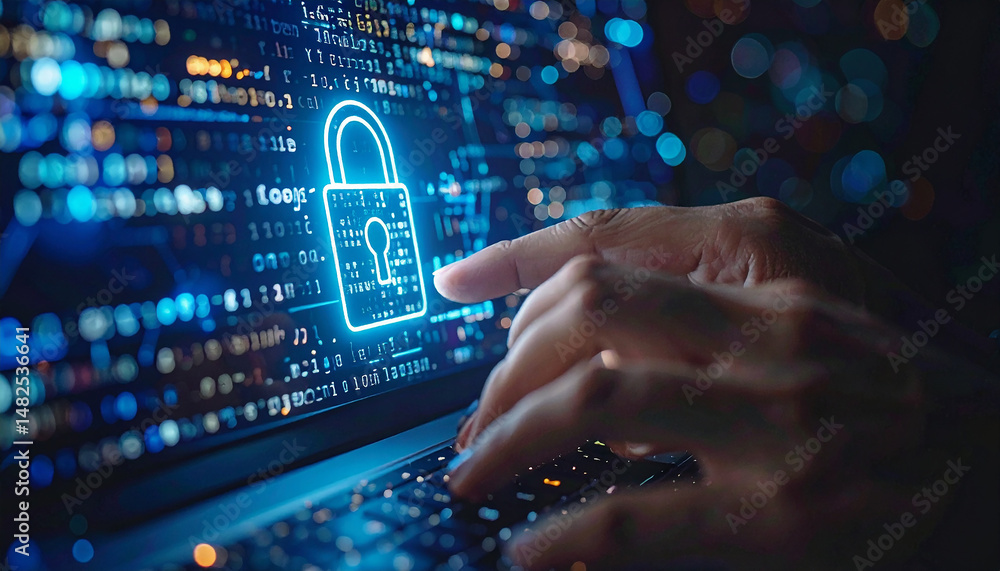 Poster digital fortress: illustrating digital security, a user's hands work on a computer with a glowing pa