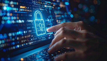 Fototapeta premium Digital Fortress: Illustrating digital security, a user's hands work on a computer with a glowing padlock symbol, highlighting the protection of sensitive information.