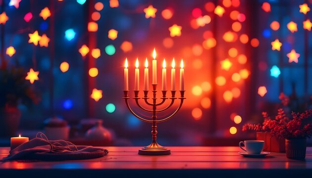 Vibrant festival background with colorful string lights and glowing star shapes, warm orange-red bokeh lights .