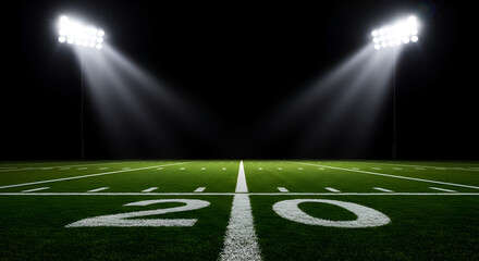 Dramatic view of an empty American football field's 20-yard line illuminated by bright stadium floodlights at night. Green turf ready for game day action. Perfect sports background.