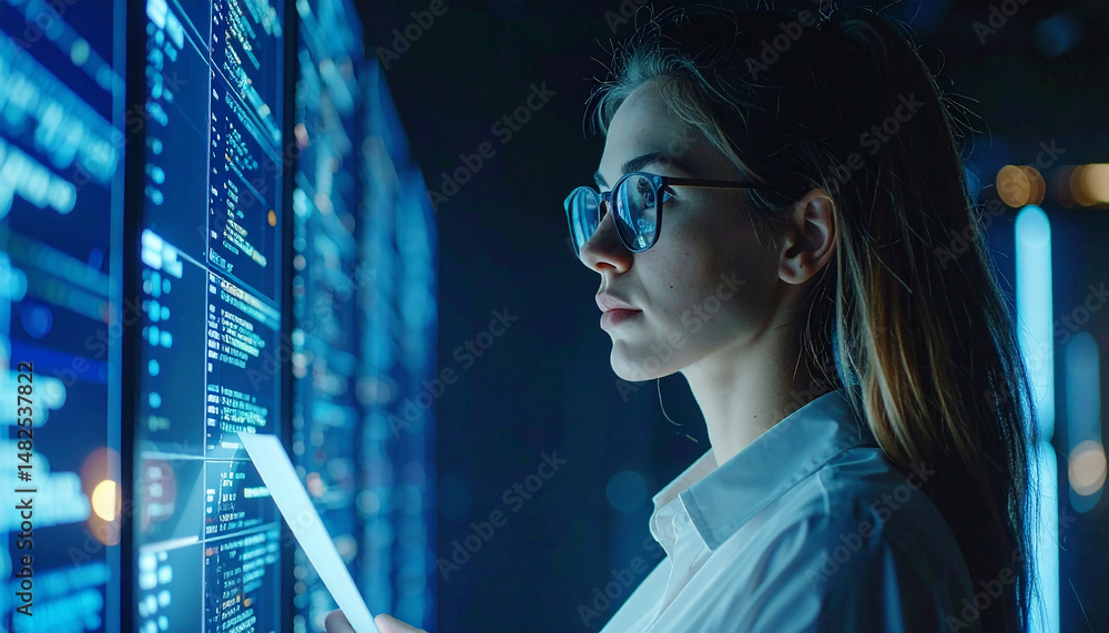 Aufkleber tech maven at work: a focused specialist, immersed in a cutting-edge digital environment, meticulous
