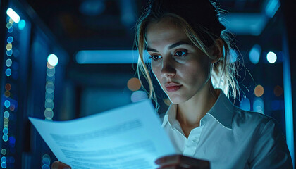 Woman Engineer at Work: A dedicated woman engineer meticulously examines documents within a data center, where advanced technology converges. The cool.