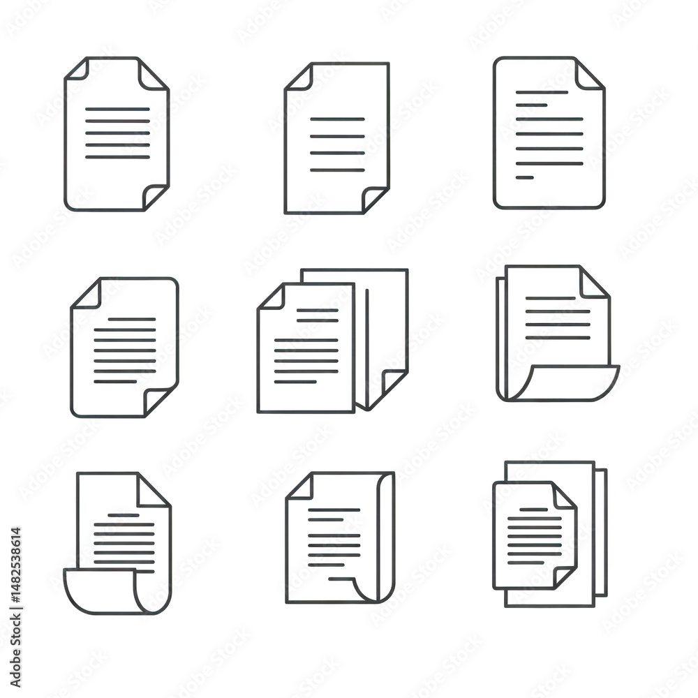 Wall mural collection of various document icons with text lines and folded corners on isolated background