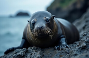 Fototapeta premium Sea lion on the seashore. Fur seal lies near the water.