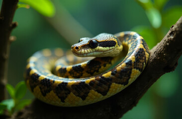 Snake on a branch. Close-up of a poisonous snake sitting on a tree. Python on a tree in the wild.