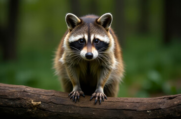 Raccoon sits on a log on a green background. Large portrait of a raccoon. Raccoon on a path.