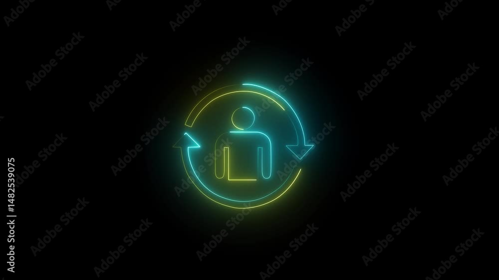 Poster glowing double color neon light people profile icon animation. neon glowing check mark with man icon