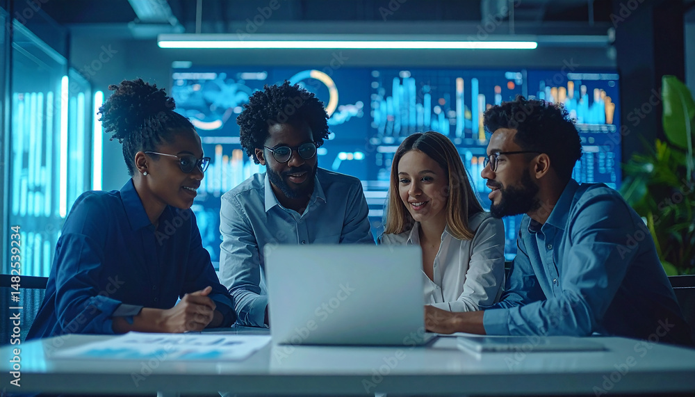 Aufkleber tech team collaboration: a diverse team collaborates around a laptop in a modern tech environment. a