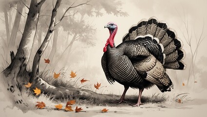 A detailed illustration of a wild turkey stands proudly amidst a serene autumn forest setting.