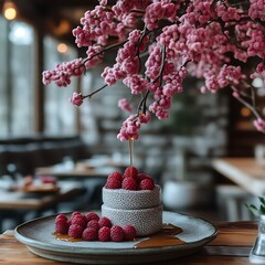 Sweet dessert presentation under a delicate pink flower arrangement.