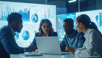 Data Analysis Meeting: A focused group of business professionals engages in an analytical discussion, data visualized on screen and on a digital display.