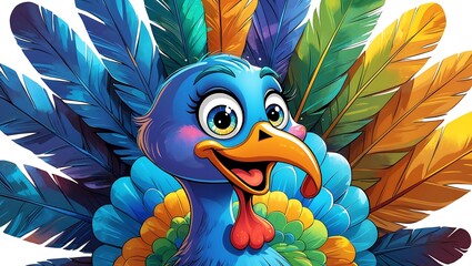 A cheerful cartoon turkey with vibrant blue feathers radiates happiness in a whimsical illustration