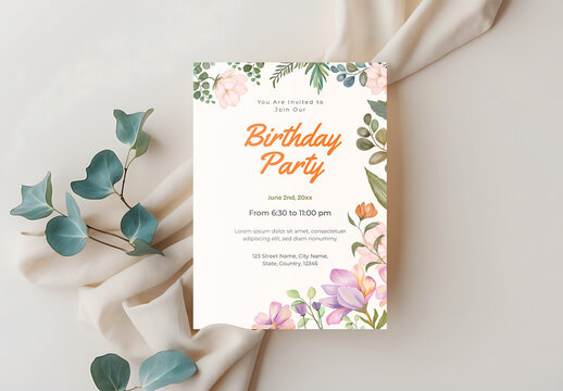 Birthday Party Invitation Card With Floral Illustration