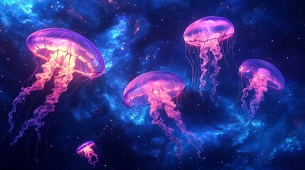 A cosmic fantasy wallpaper with glowing jellyfish floating in space 
