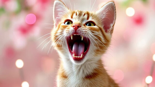 Energetic ginger kitten meowing against pink bokeh background for playful and cute visual appeal.