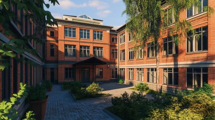 Naklejka premium Modern public school building with large windows and spacious front lawn under clear blue sky, contemporary educational architecture in suburban neighborhood 