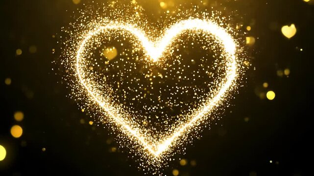 Sparkling Heart Shape Made of Glowing Gold Particles on Black Background