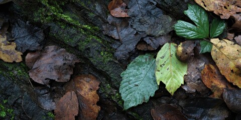 Moss-covered stone with green and brown fallen leaves in a forest floor texture
