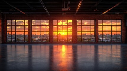 Stunning Urban Sunset Reflection in Loft Style Windows with Skyline