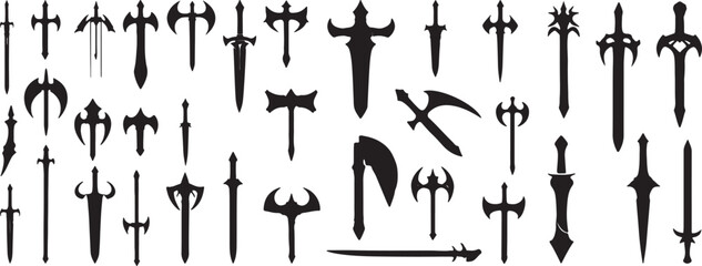 A highly detailed silhouette vector icon set of medieval weapons, including swords, axes, maces, daggers, spears, and war hammers. Flat, bold black shapes with sharp outlines and clean edges.