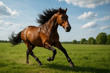 brown horse running on green field under blue sky with clouds, full body side view, summer nature background