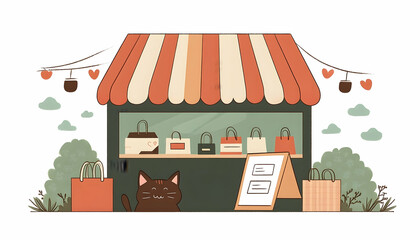 Illustrated shop with bags under striped awning, fluffy plants, string lights, a black cat, and display menu stand