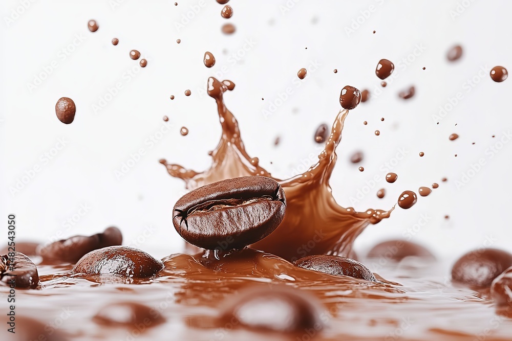 Poster coffee beans splashing into liquid on a white background creating a dynamic and aromatic scene