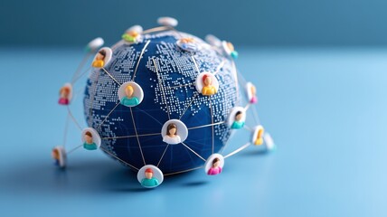 Remote Teamwork Collaboration Diversity. Global Map with Connected Faces in Chat Bubbles Representing Virtual Communication and Interaction in Modern Society