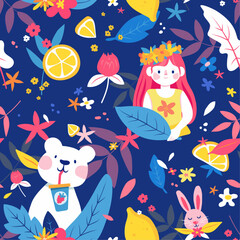 Cute summer seamless pattern background with flowers, leaves, animals and little girl
