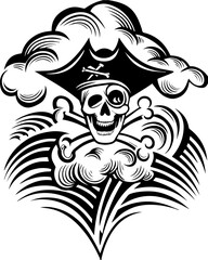 Obraz premium SVG depicting a skull in a dramatic battle pose amidst a stormy sea. Pirate Skull with Crossbones and Stormy Sea Design Illustration