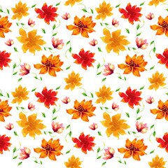Seamless pattern with multicolored hand drawn flowers.  Vector Illustration. Design for background, fashion, fabric, textile, wallpaper, cover, package and all prints. Red, orange, yellow, green
