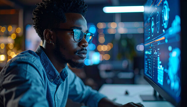 Tech Visionary at Work: A focused individual in a modern tech setting, meticulously reviewing data and codes on a cutting-edge screen.