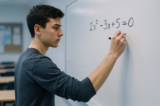 Teen student writing quadratic equation on whiteboard in classroom setting
