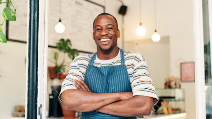 Portrait, smile and black man in cafe, arms crossed and hospitality industry with friendly service....