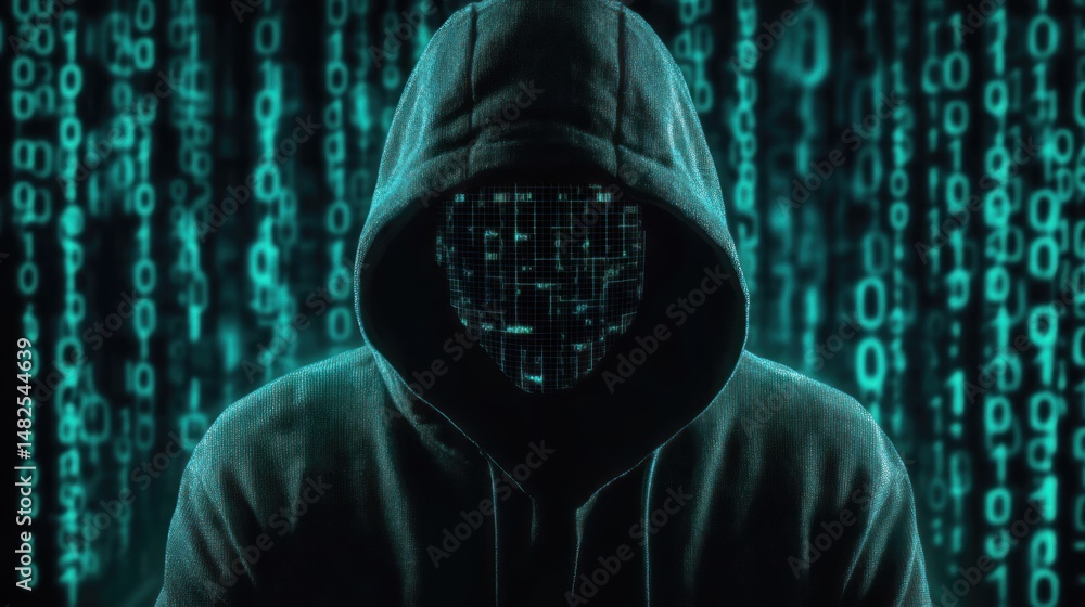 Poster cybersecurity: anonymous hacker in digital matrix