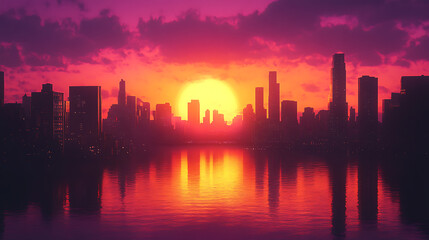 Fototapeta premium Orange sky and palm trees over modern cityscape sunset high resolution picture