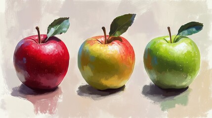 Vibrant trio of red, yellow, and green apples with leaves on textured background