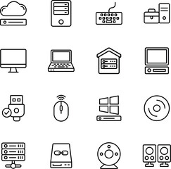Computer Hardware line editable icon set. Containing mouse, keyboard, monitor, dvd, soundbox and more. Vector illuatration
