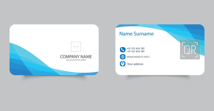A clean and professional business card design featuring abstract blue waves, rounded corners, QR code space, and modern icons. Ideal for corporate identity, creative agencies, or freelance professiona - Powered by Adobe