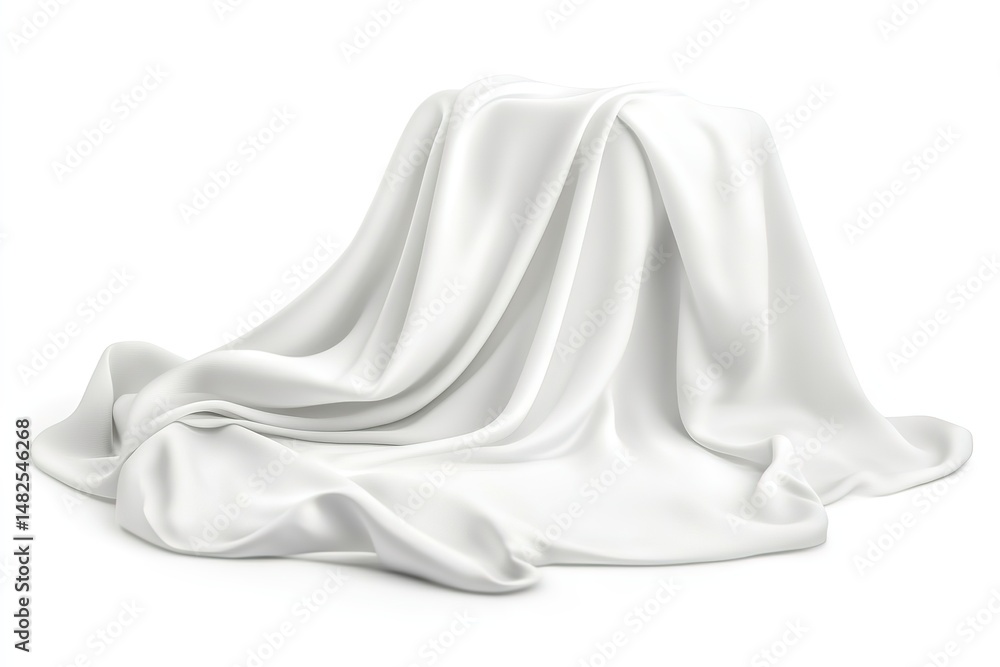 Poster white satin cloth draped over an object creating soft folds and shadows on a white background