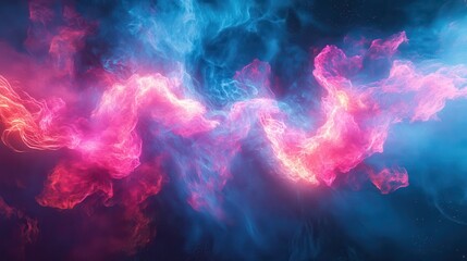 Vivid neon nebula with pink and blue swirling clouds and abstract light patterns