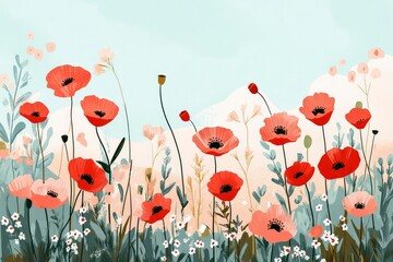freedom, wild steppe herbs and blooming poppies, minimalist Ukrainian folk design, pastel red and mint palette