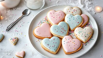 Heart-shaped iced cookies with sprinkles on a plate for a romantic dessert setting. - Powered by Adobe