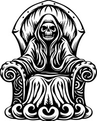 Obraz premium SVG vector of a Reaper Pirate skull adorned with bones. Mysterious Pirate Lord Sitting on Throne of Gold and Bones