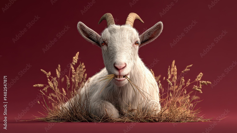 Poster a digitally rendered goat resting in a field of dried grass.